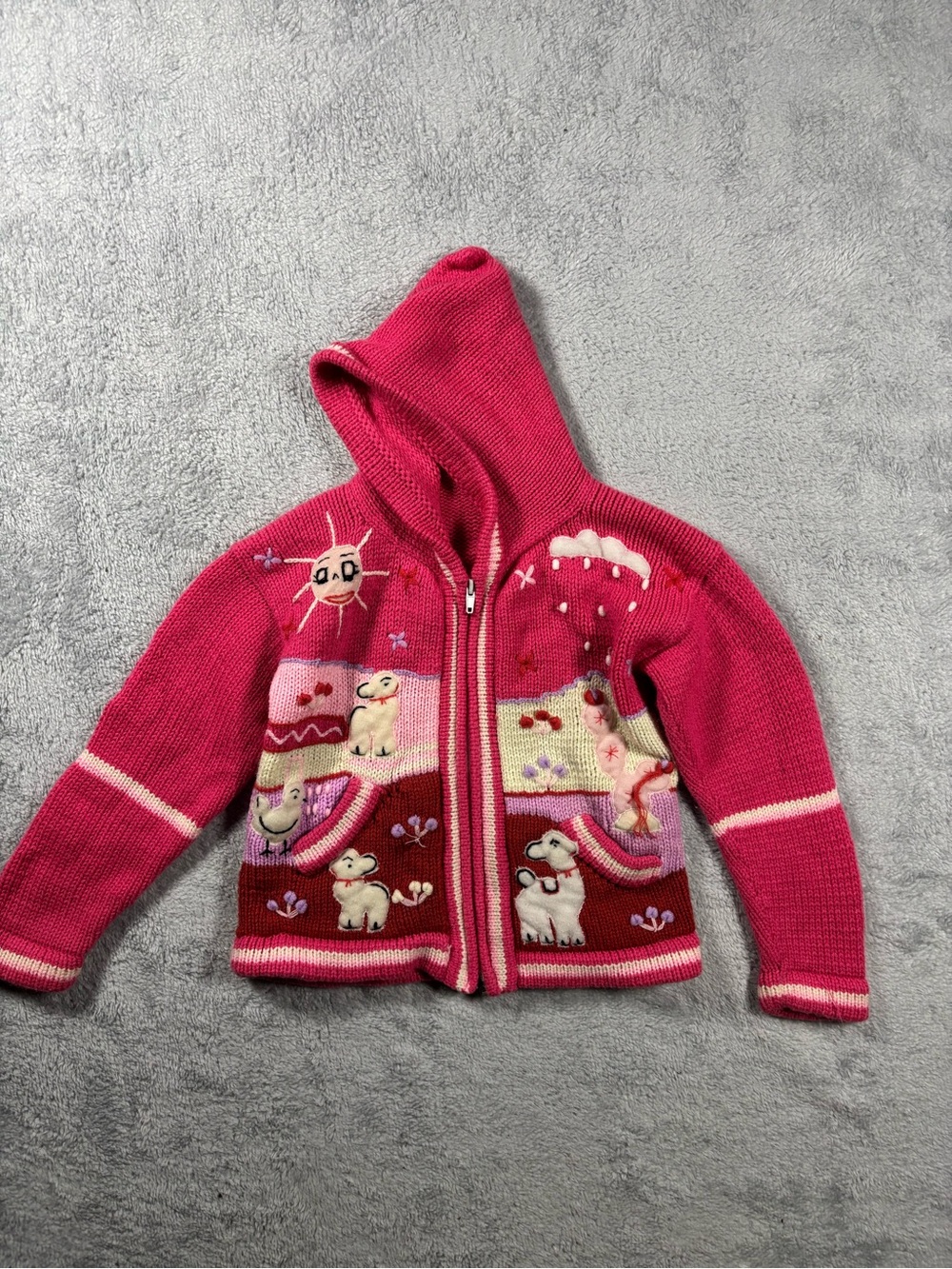 Pink Hooded Knit Zip-Front Sweater with Playful Animal‎ Appliqués